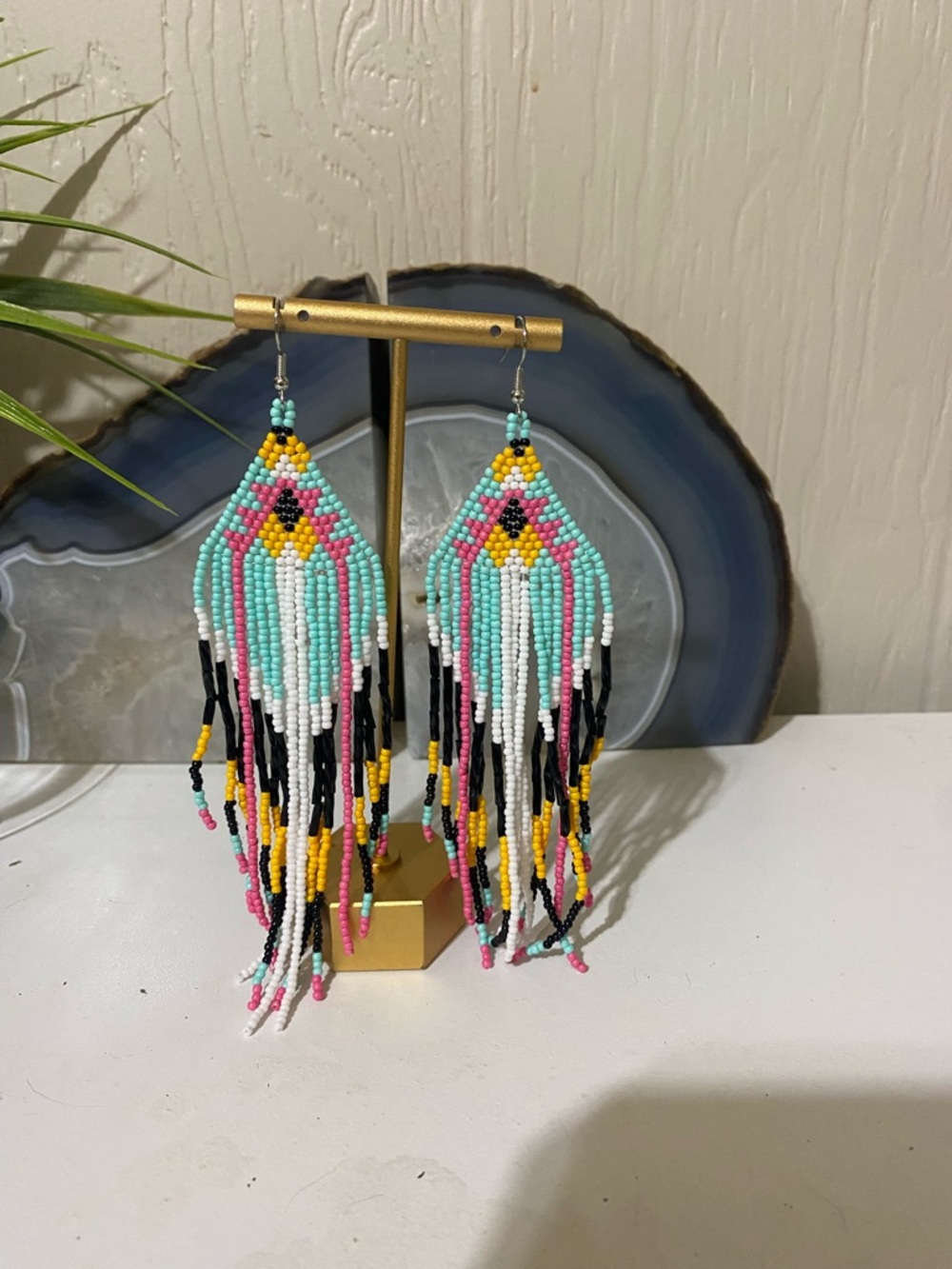 Boho Beaded Fringe Earrings in Turquoise, Pink & Yellow